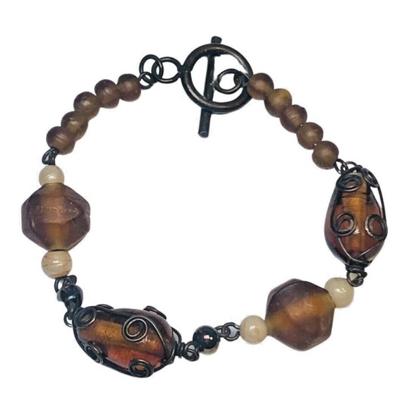 Brown Glass Beaded Bracelet 5.25” Wrapped Wire Copper Bohemian - Picture 1 of 11